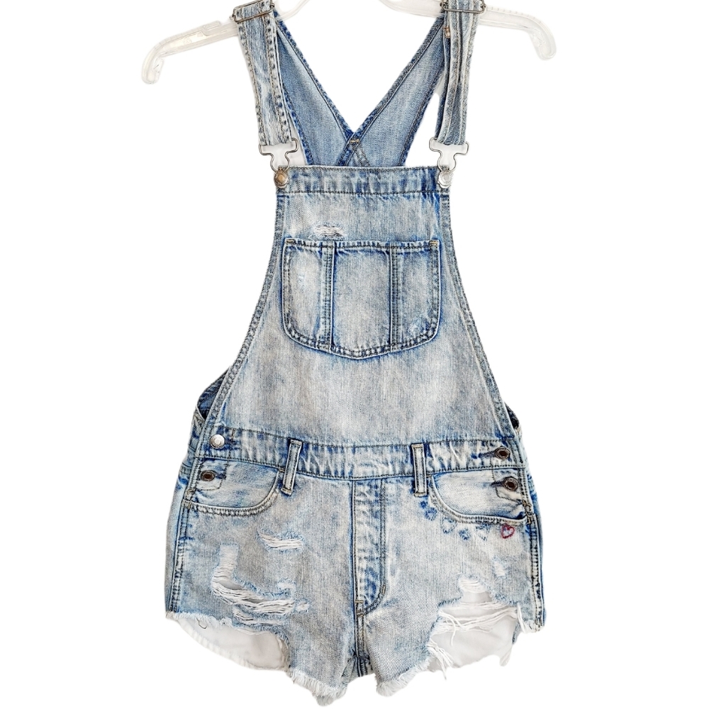 American Eagle Shortall Overalls Size XS Denim Distressed Embroidered Jean Short
